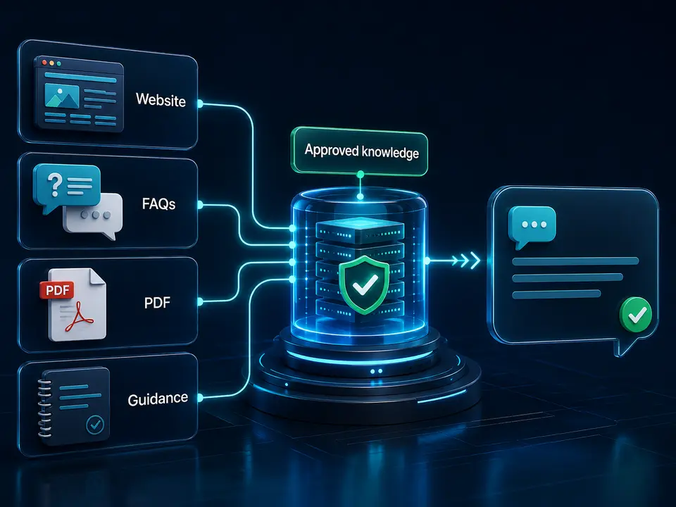 Website, FAQs, PDF documents and guidance feeding approved knowledge into a secure AI chatbot